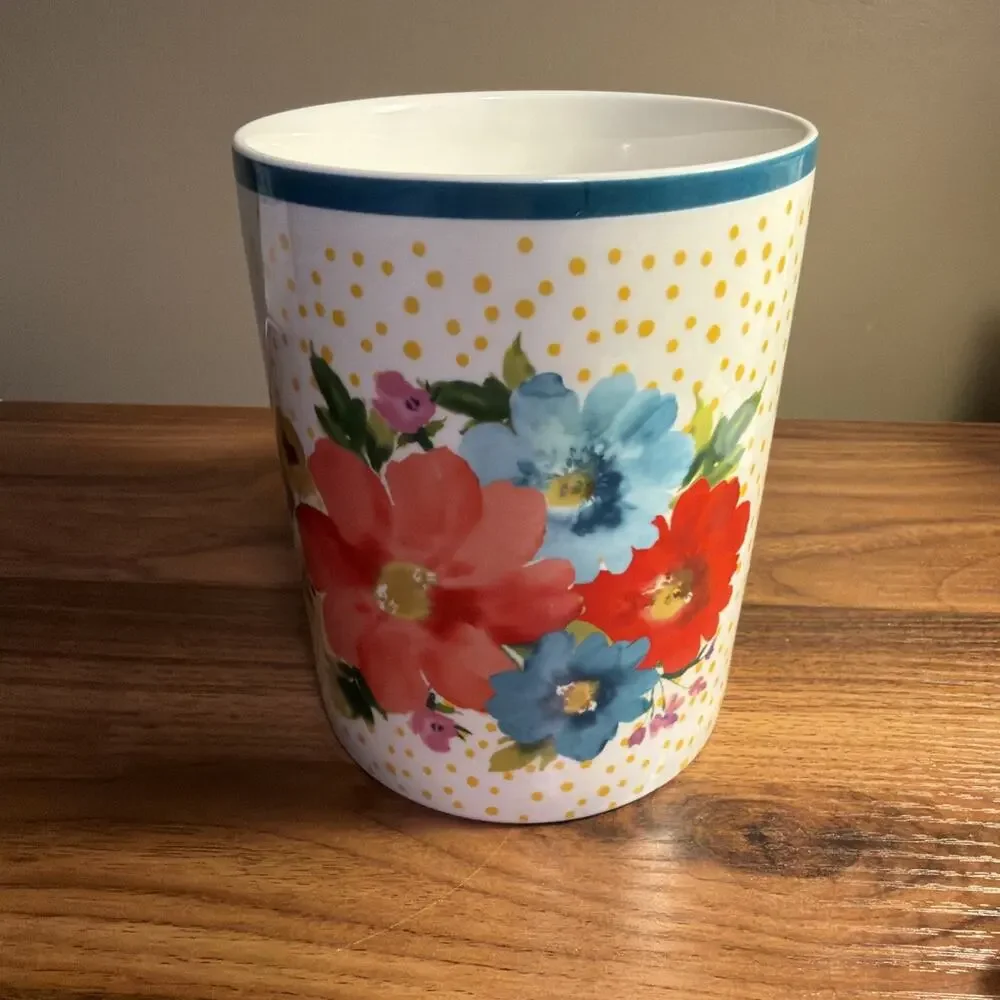 Pioneer Woman Breezy Blossom Crock Utensil Holder Floral w/ Yellow Polka Dots 6”